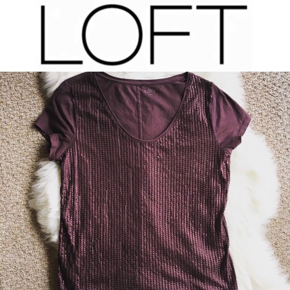 LOFT Eggplant Sequin & Cotton Large Top